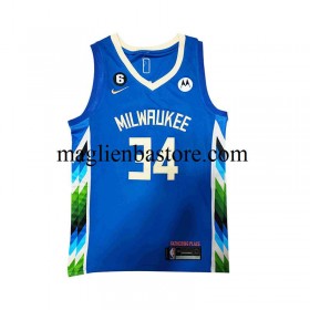 Maglia NBA Milwaukee Bucks Giannis Antetokounmpo 34 Nike City Edition 2022-2023 Blu Swingman - Uomo